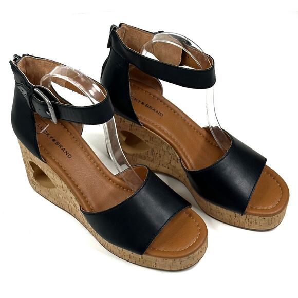 Lucky Brand Himmy Platform Black Leather Cork Sculpted Wedge Sandal Sz. 8.5M New - Picture 1 of 12